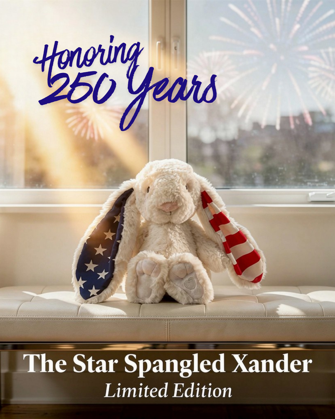 star spangled Xander bunny limited edition sitting on a bench with fireworks in the distance