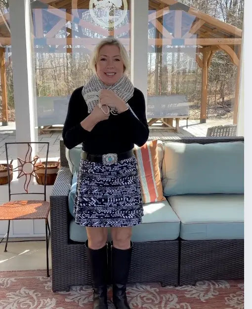 Vickie from Lavender Life with Neckwrap around her neck in her sunroom