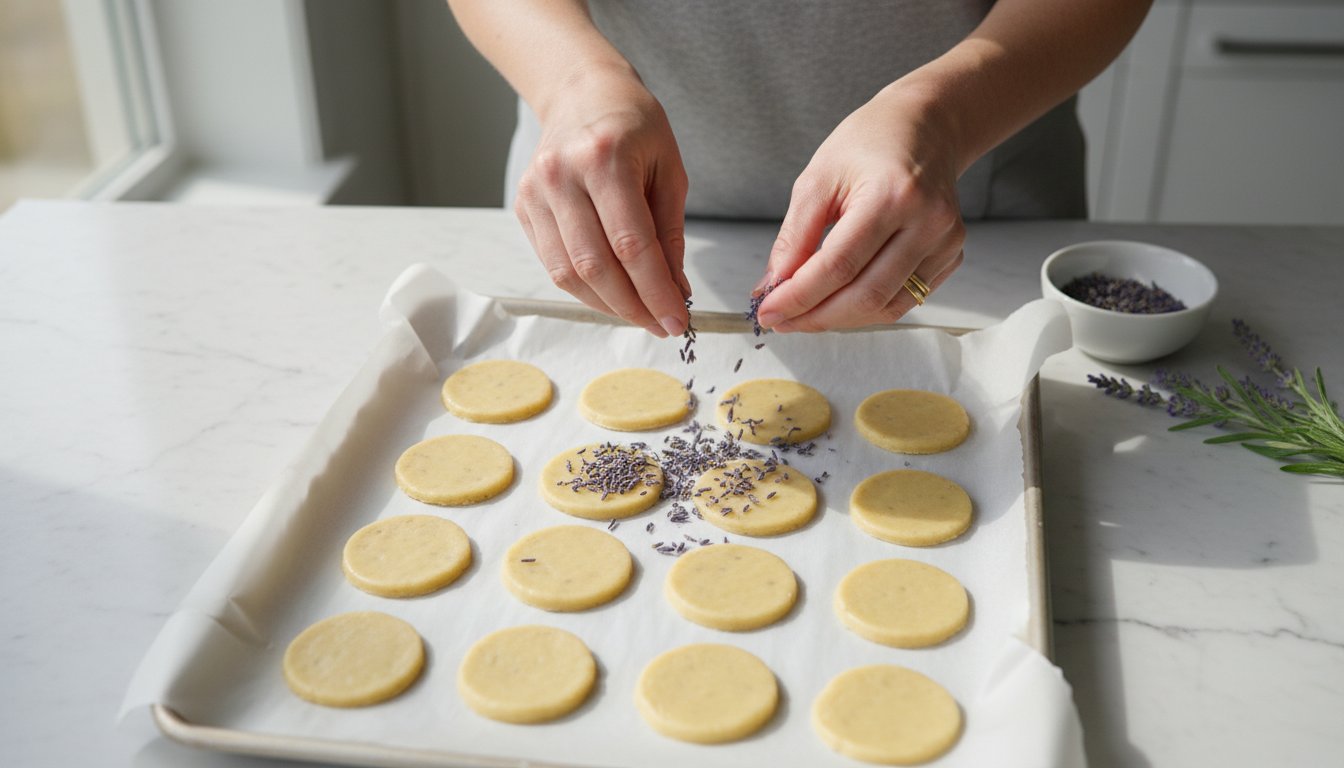 small dough discs spread in a parment lined cookie sheet with lavender being sprinkled onto them by a person