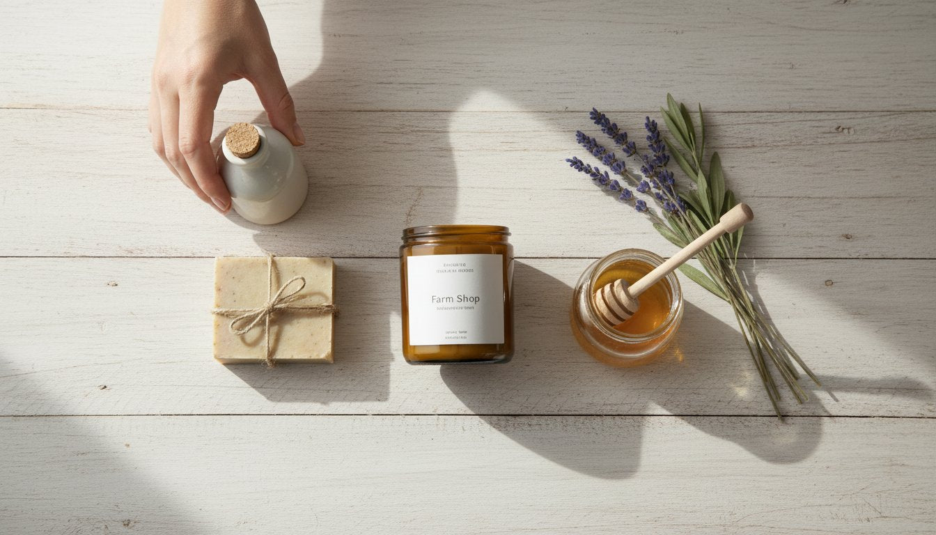 Farm Shop Gifts with candles salts and lavender