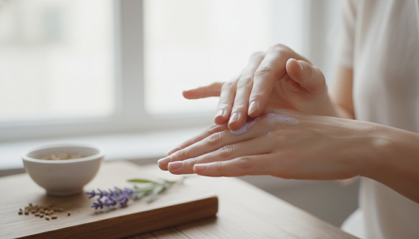 woman adding hand cream to the back side of her hand.
