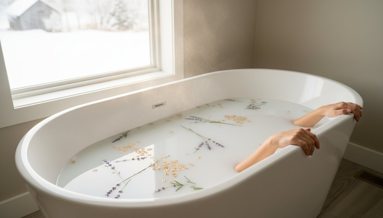 bath with hands hanging out lavender stems floating in water