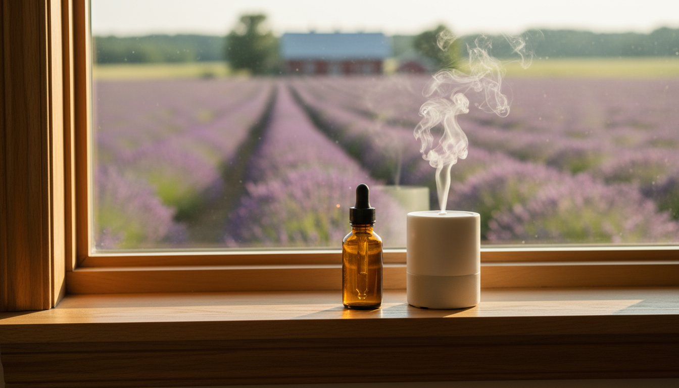 Lavender Essential Oils diffusing in window sill