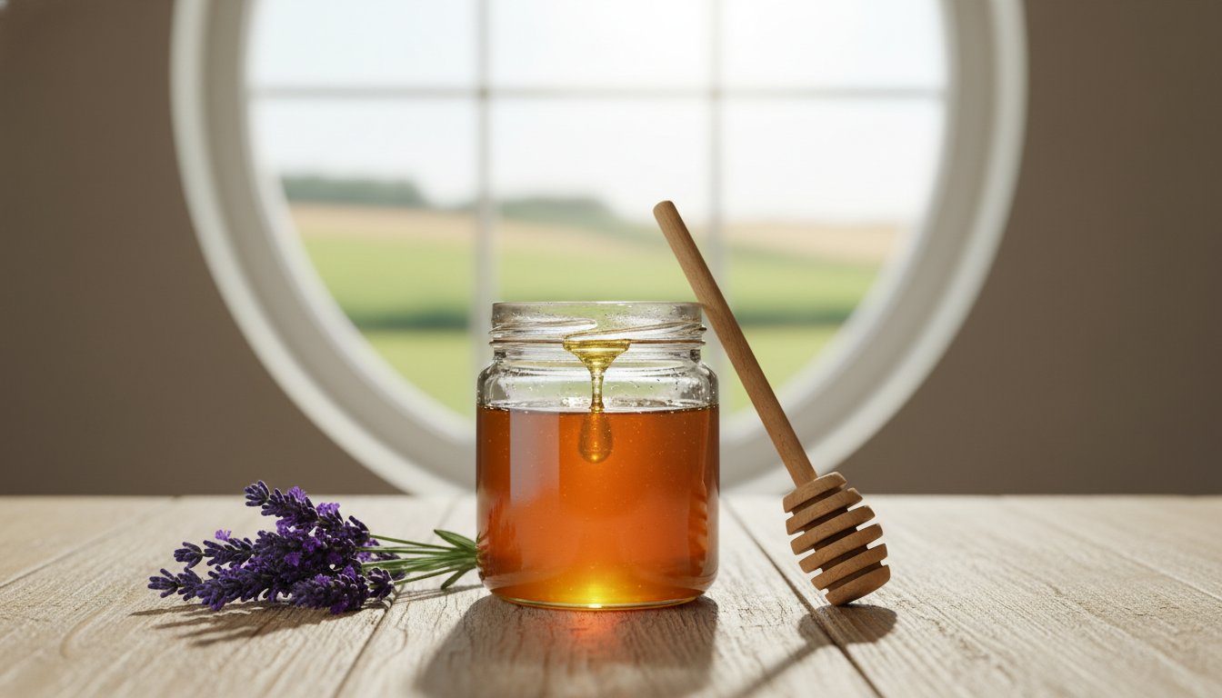 Lavender and Honey in a jar on the counter.