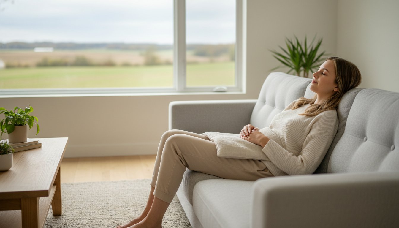 Lady sitting on couch with warming wrap over her lower section