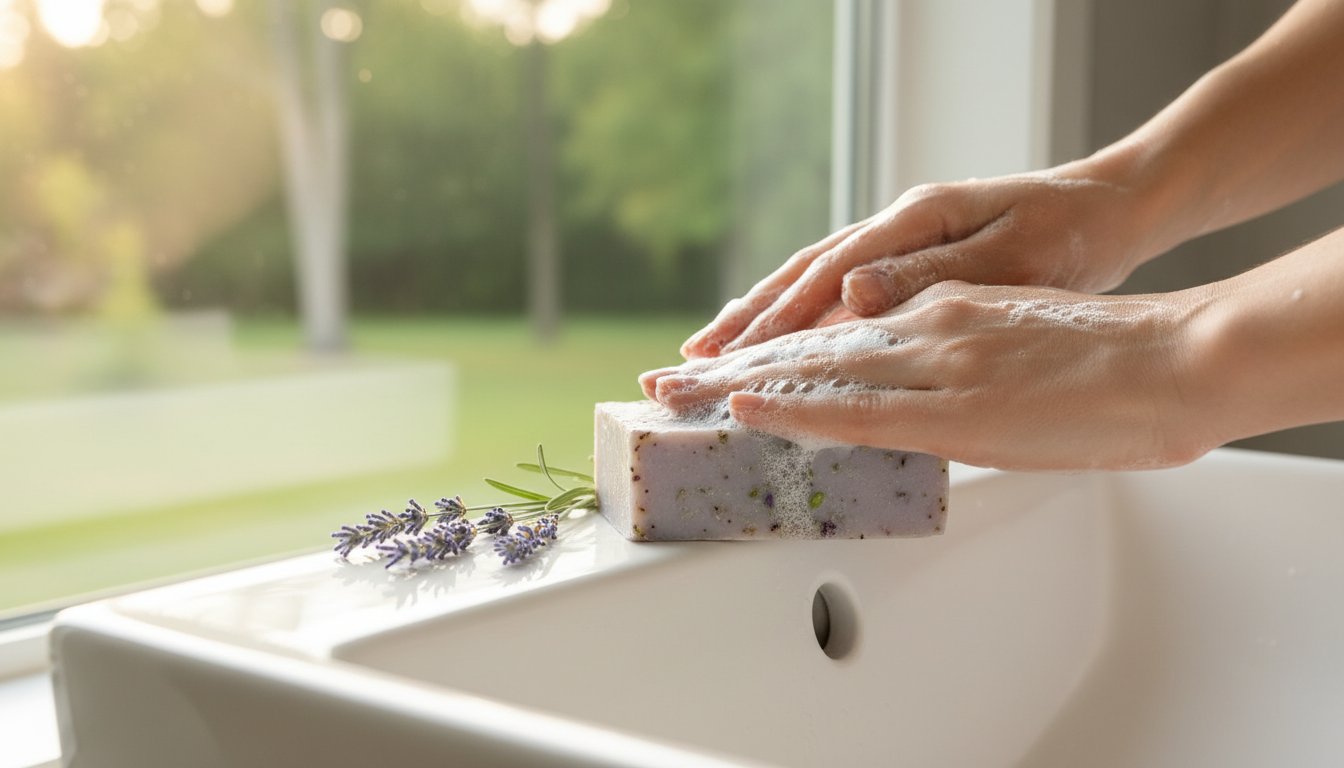 Handmade Lavender Soap with hands soaped on the top of it