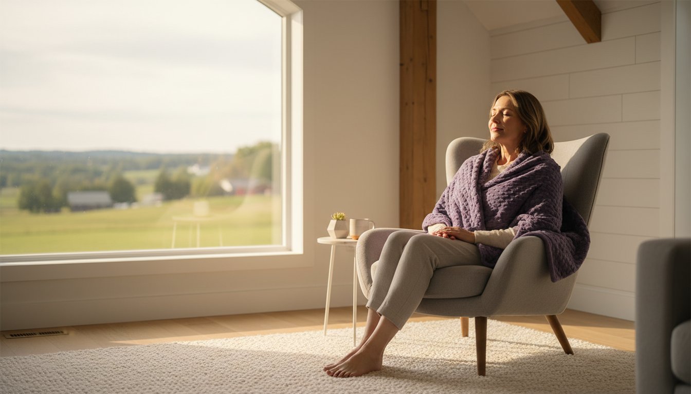 woman sitting with a lavender colored blanket around her shoulders near a window