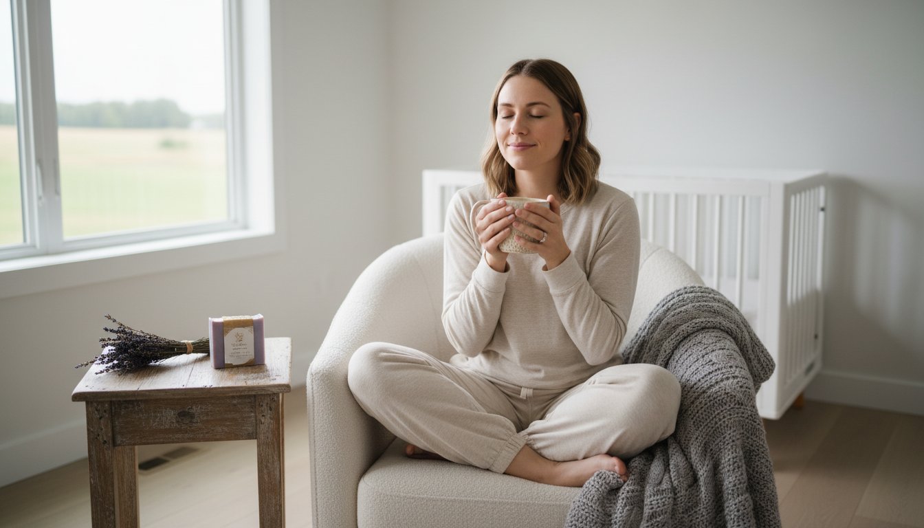 woman sitting in a white chair sipping cup of somthing warm. Large bundle of Lavender beside her.