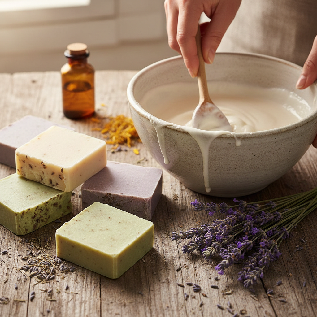 Someone stirring a melted soap in bowl on a woodent table. Rough cut soaps lying on the table with scattered lavender.