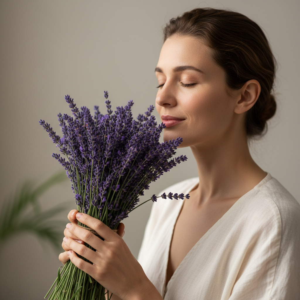 woman smelling a bundle of fresh lavender
