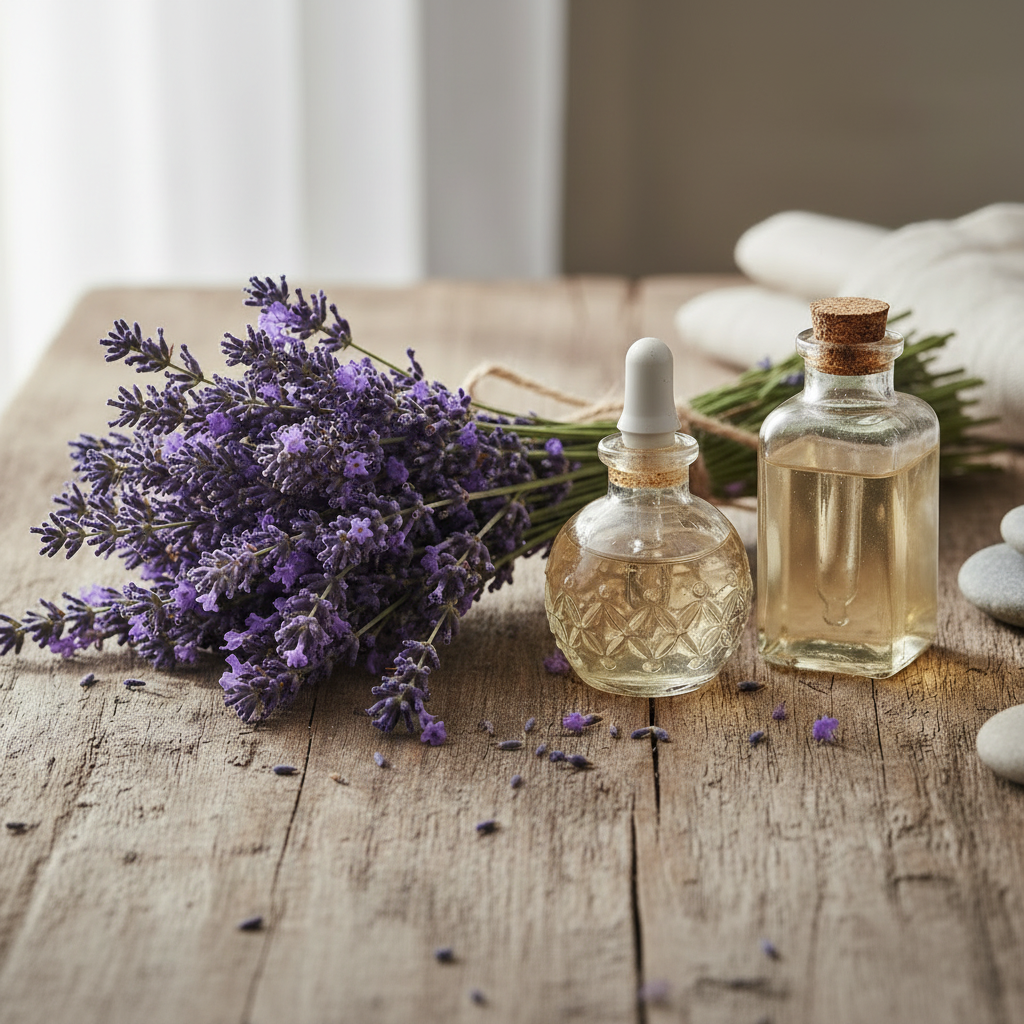 Fresh lavender bundle on a antique wooden table with antique bottles with dropper and cork in them.