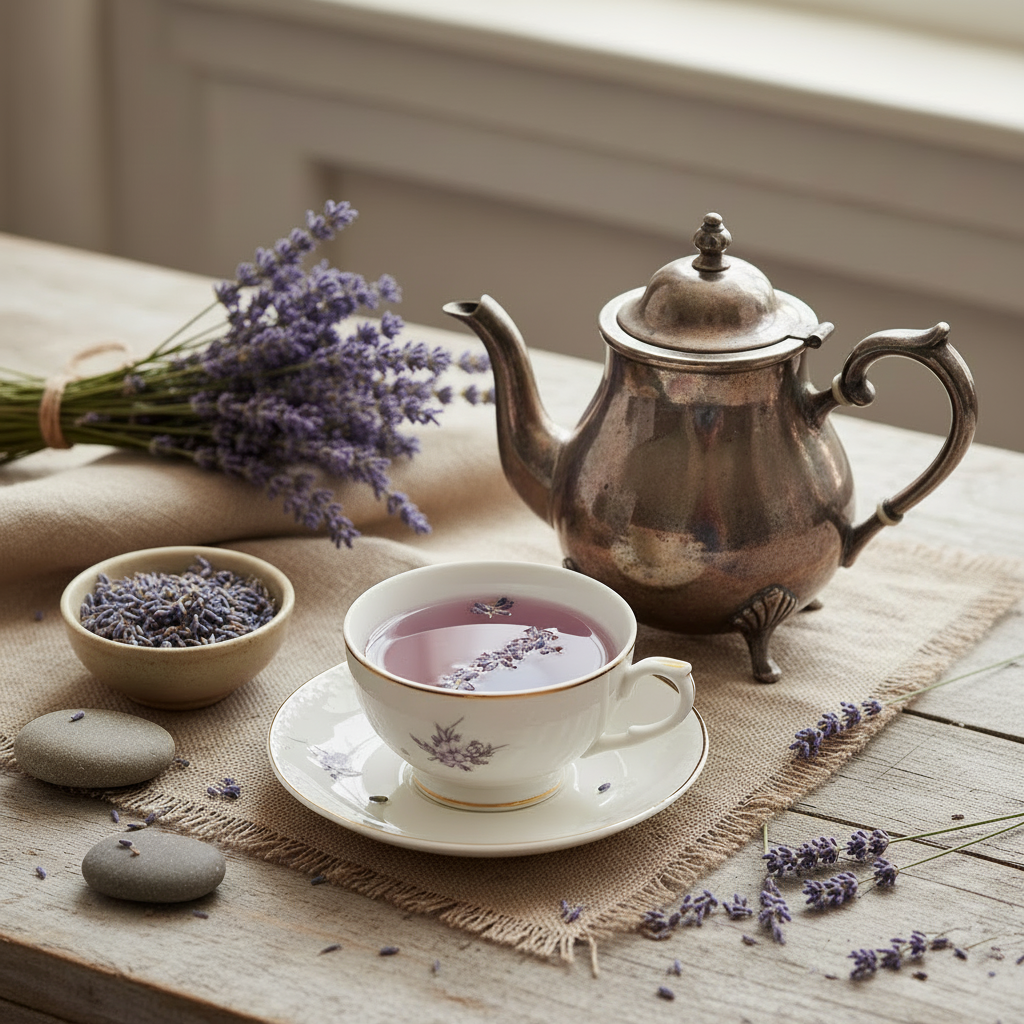 Old Fashion Silver Tea pot, bundels of lavneer sitting on a wood farm table