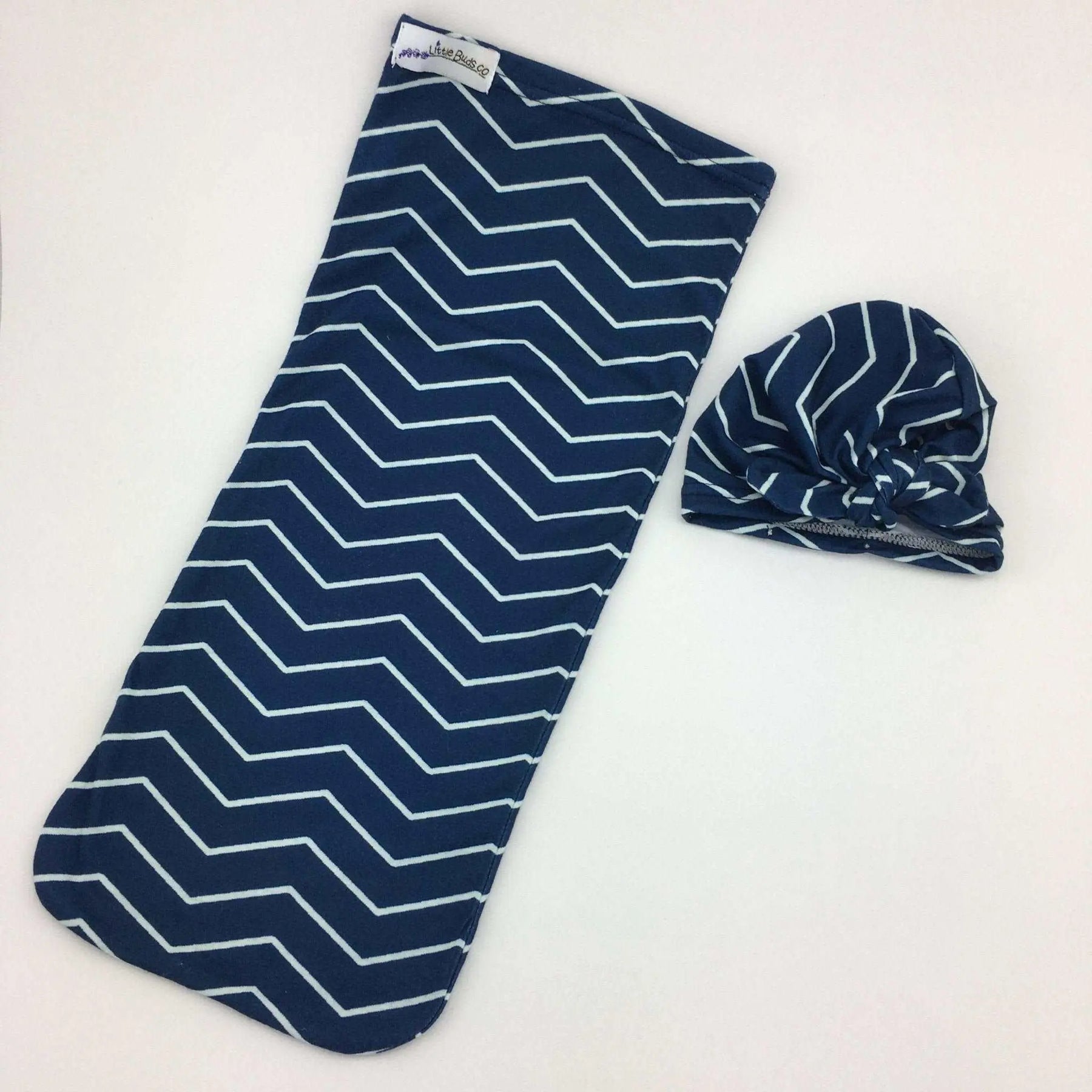 Newborn Cocoon Swaddle Set with Turban - Navy Blue ZigZag - Lavender Life Company