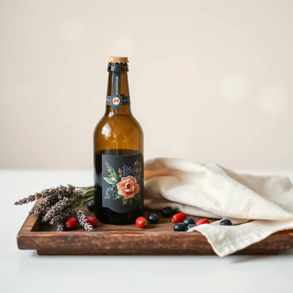 Lavender sprig beside a decorative bottle with deep blue and red floral accents on a wooden tray