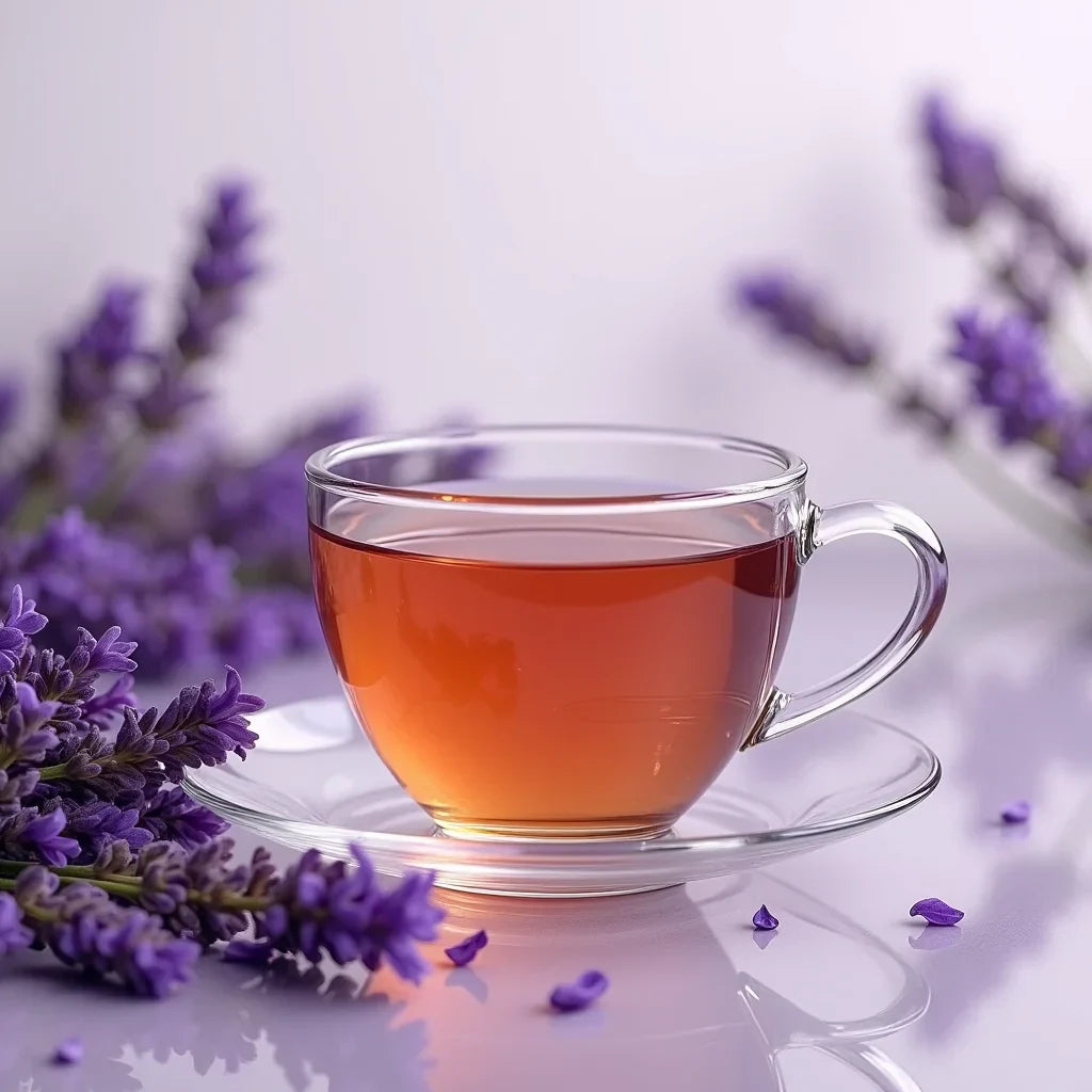 Steamy cup of lavender tea with lavender sprigs around it