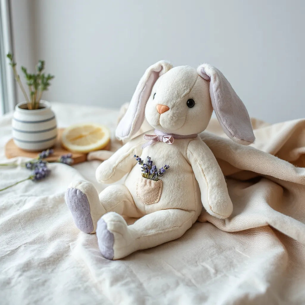 Lavender accented stuffed bunny resting on soft linen with a few dried lavender sprigs nearby