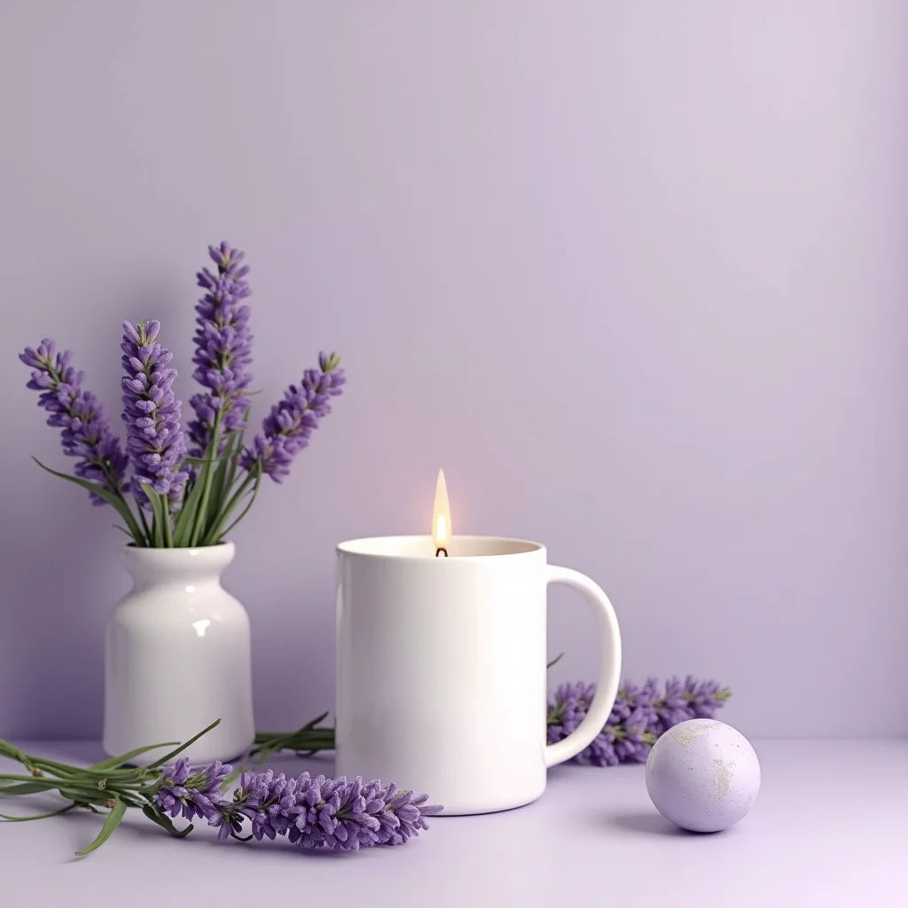 Purple back drop with coffee candle and lavender stems laying around it