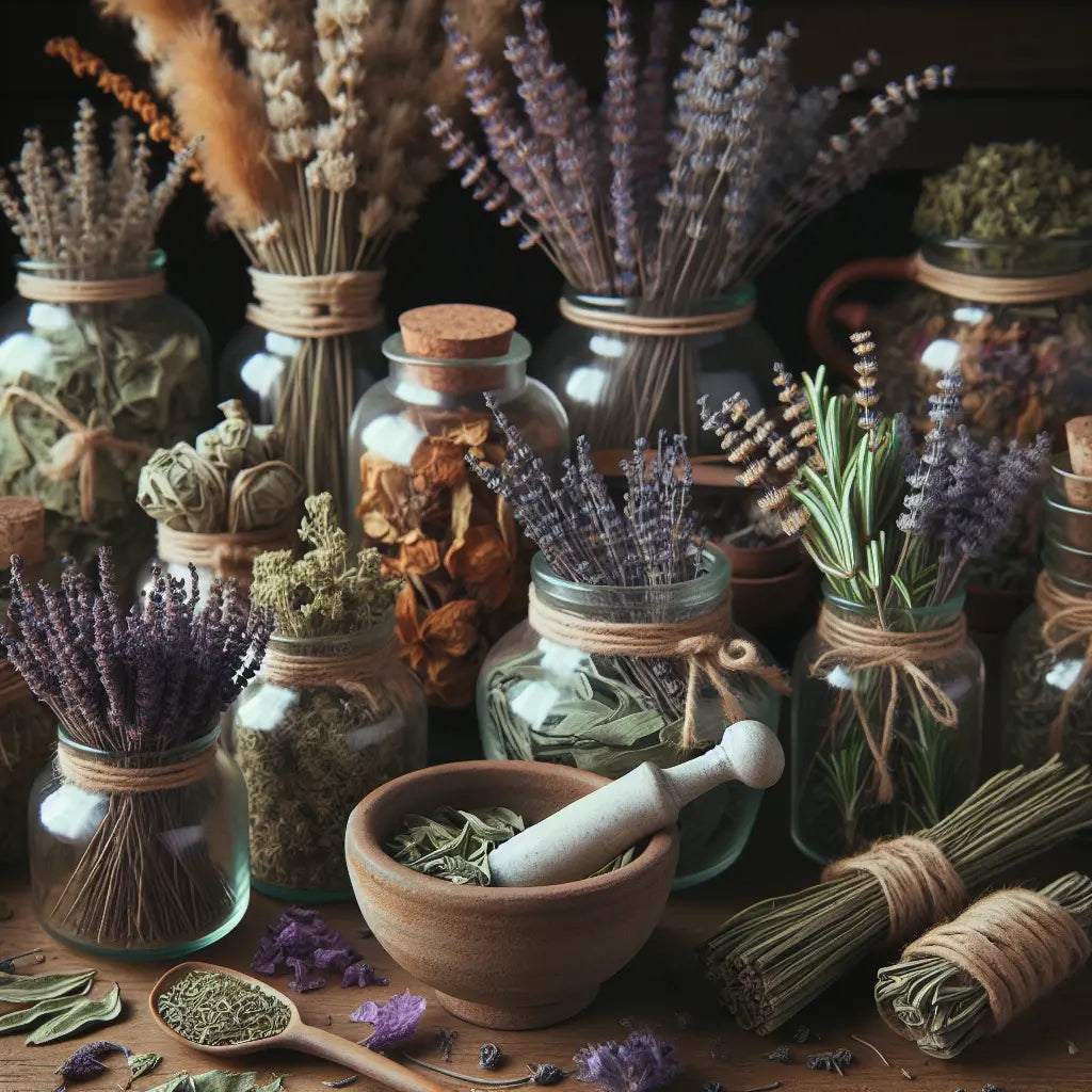 Various apothecary bottles with herbs in them-Lavender Life Company