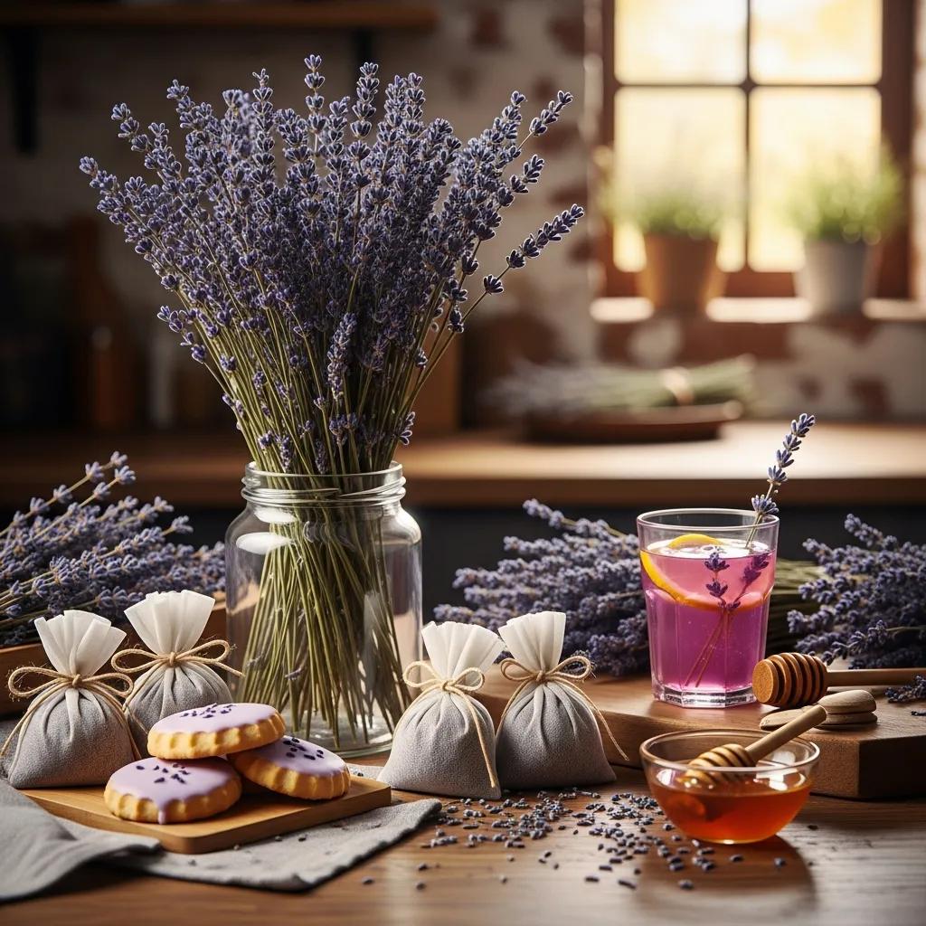 Dried lavender in a rustic kitchen, showcasing its culinary and decorative uses