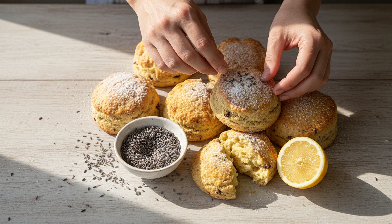 lavender sprinkled with hands over baked goods