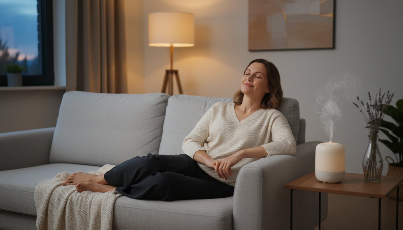 woman sitting on her couch eyes closed enjoying diffuser soft light in the backddrop