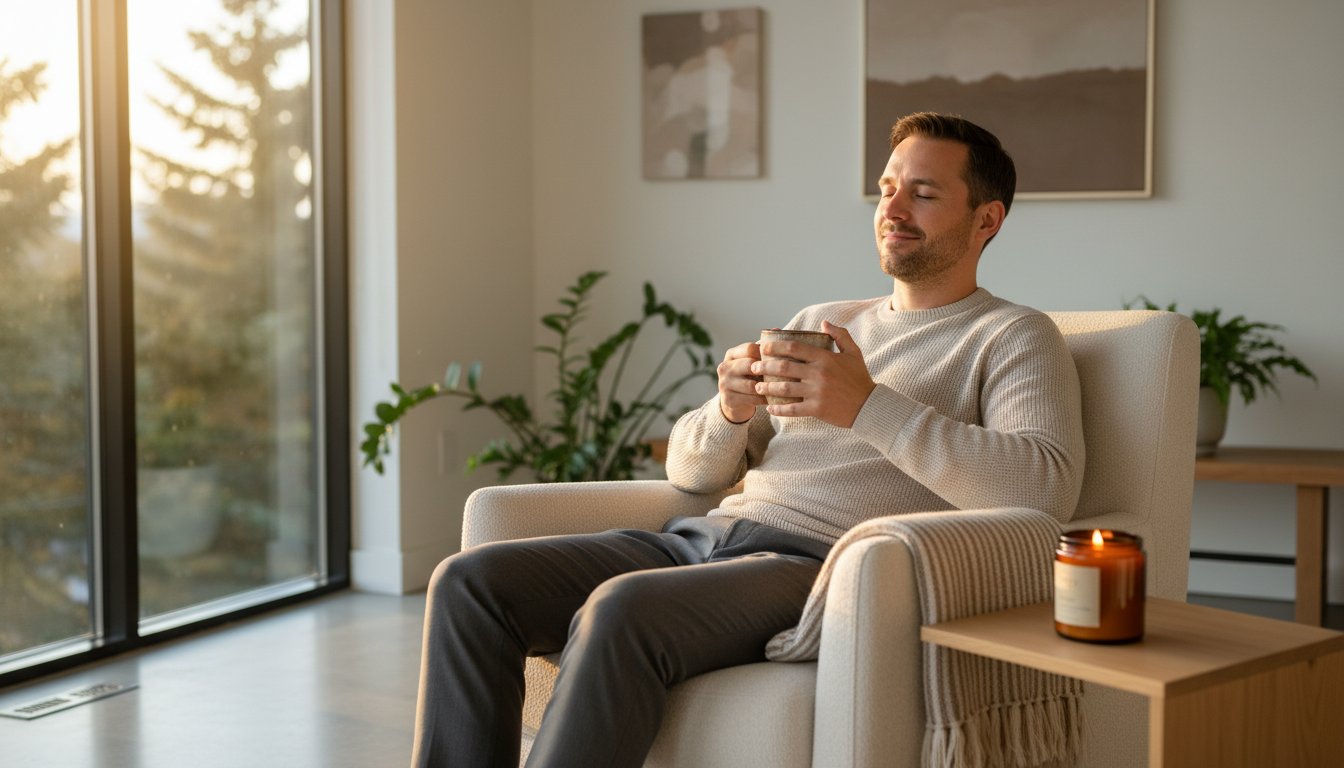 Man sitting enjoying cup of something hot ot drink with a candle burning