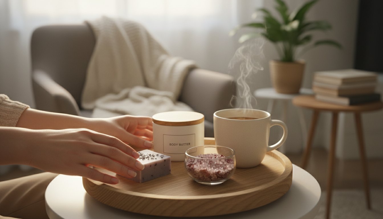 womans hands reaching for tea and candle and soap on a table