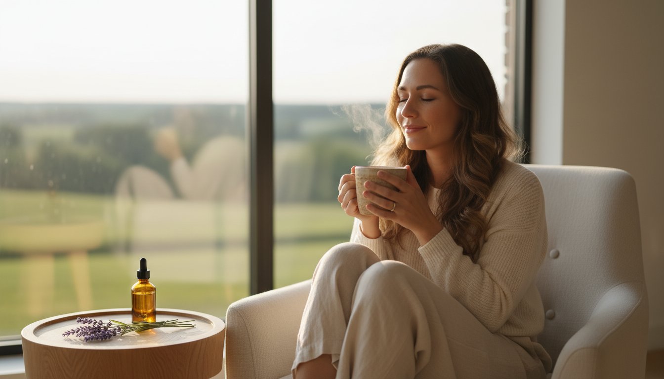 woman sitting by window enjoying cup of tea 