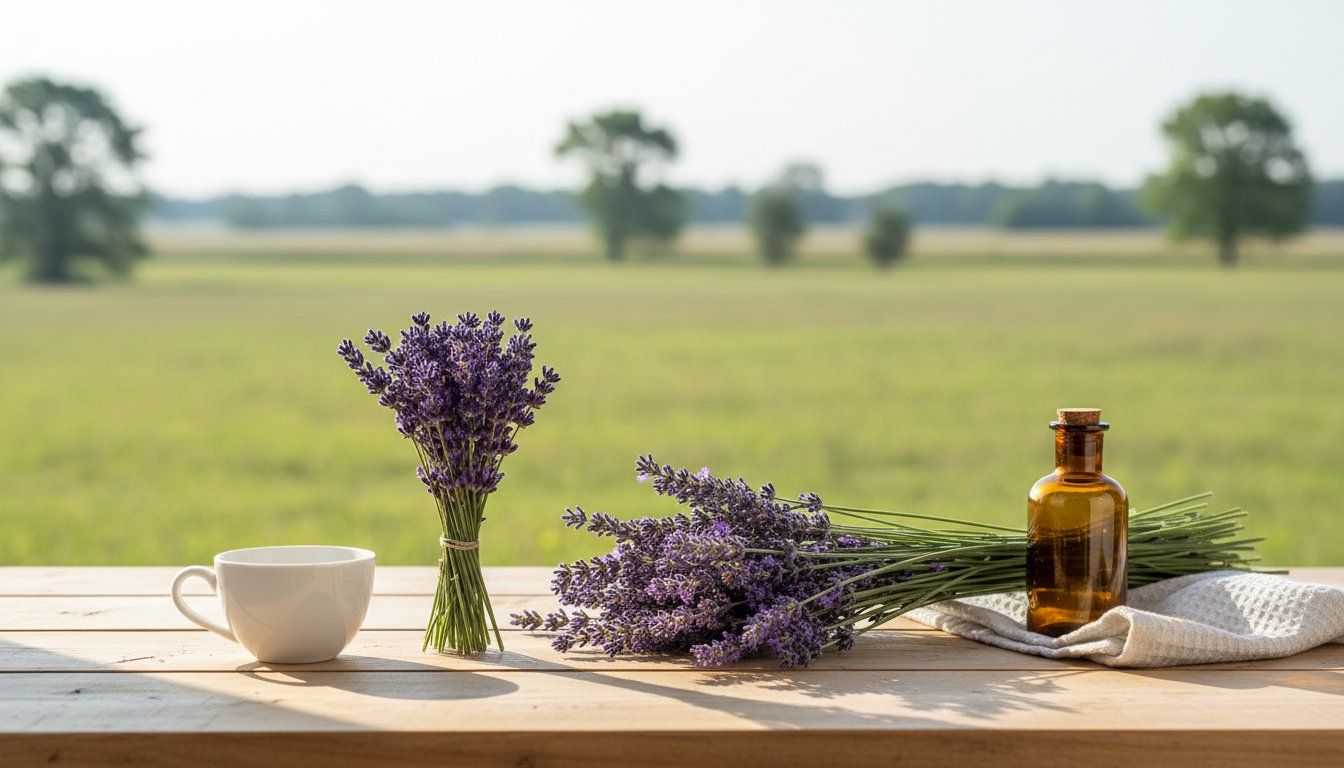 2 bundles of lavender laying on a wooden table