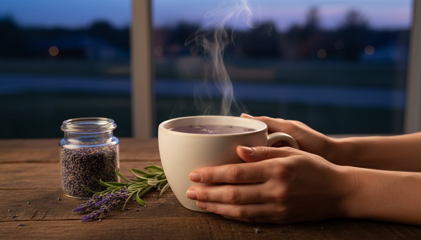 Lavender life tea, with hands wrapped around it.