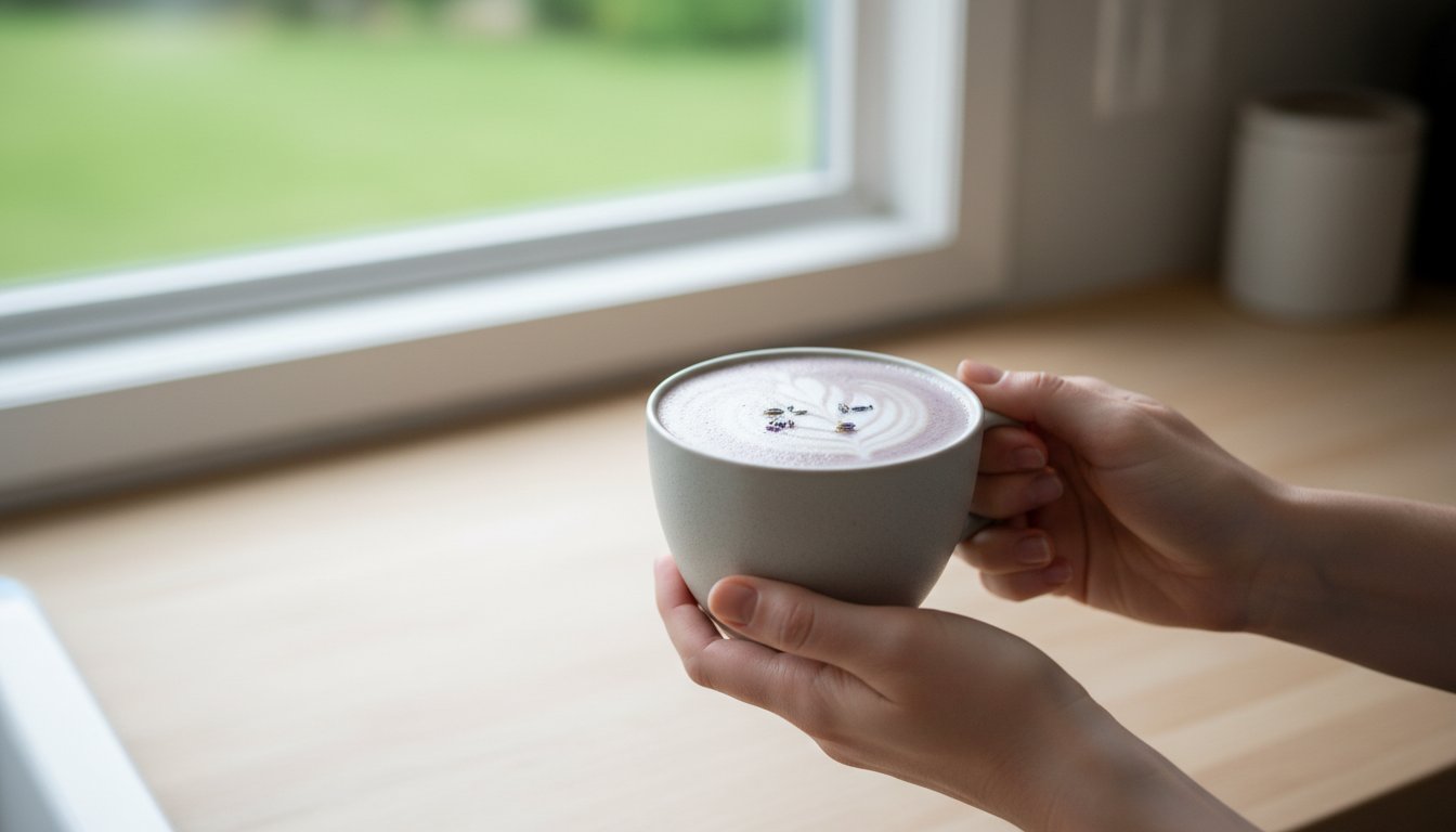 lavender latte cup being held with 2 hands