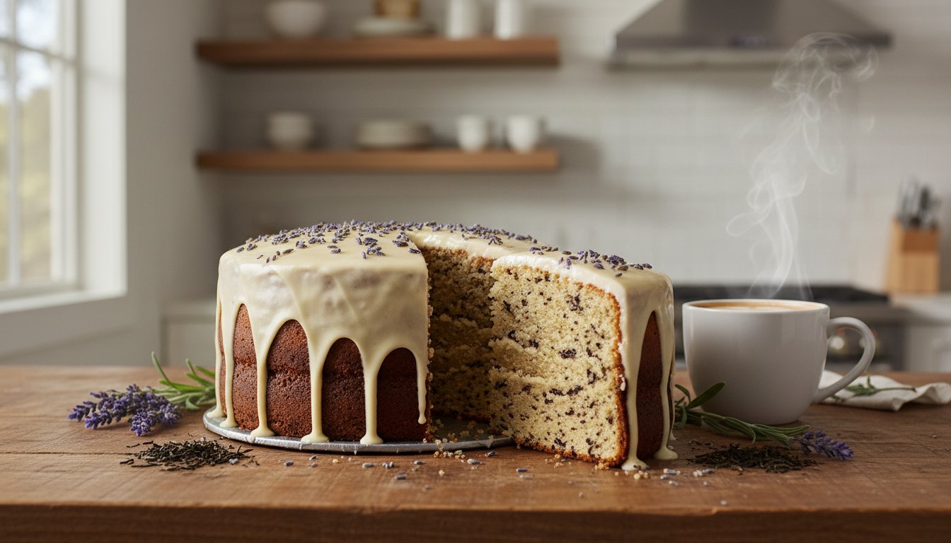 The Ultimate London Fog Cake on a counter
