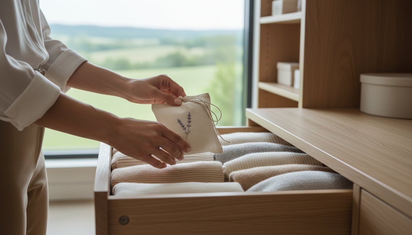 Lavender Sachets for Drawers and Closets woman placing sachet in drawer
