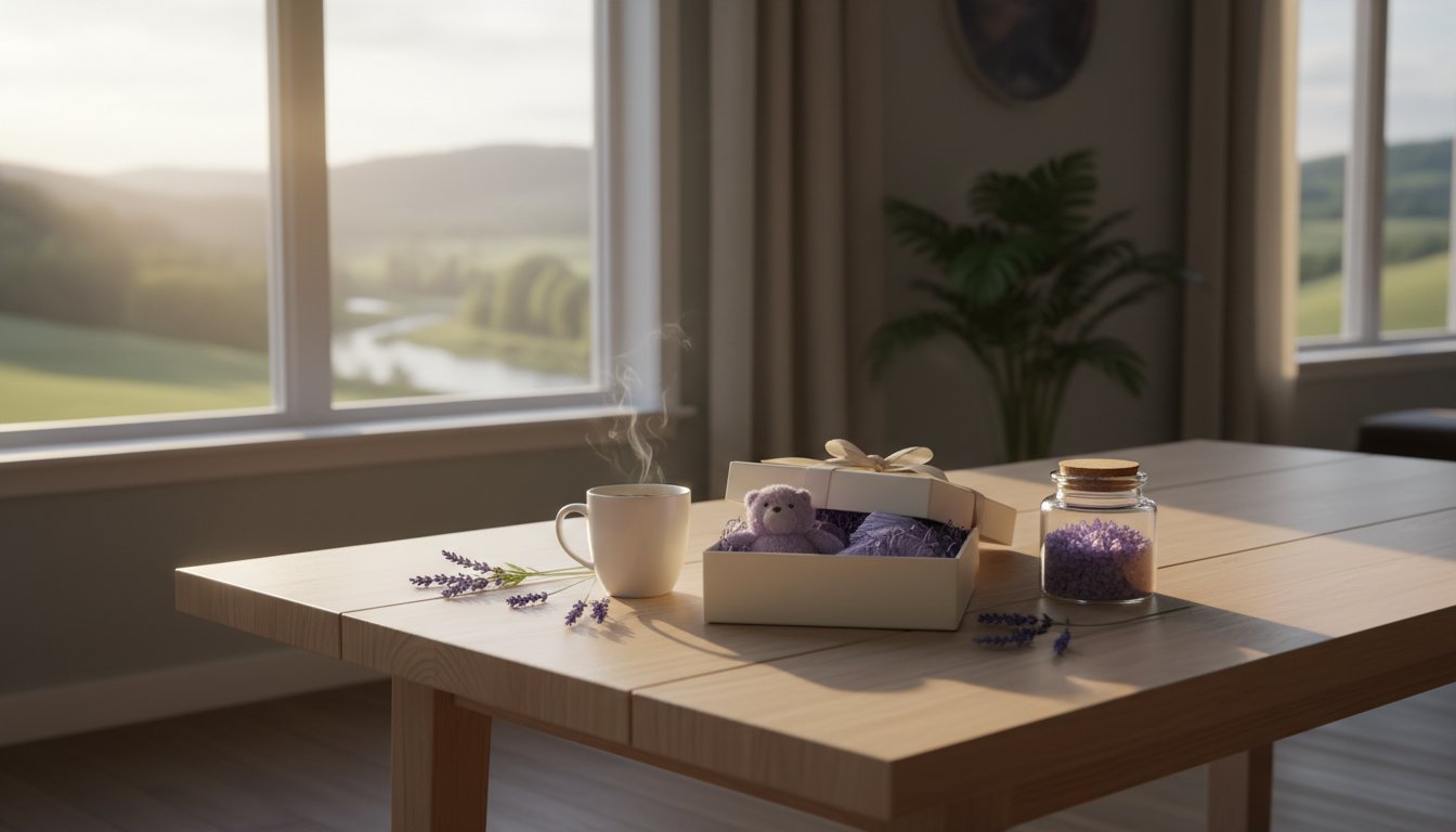 lavender products from candles to tea sitting in a box on a table