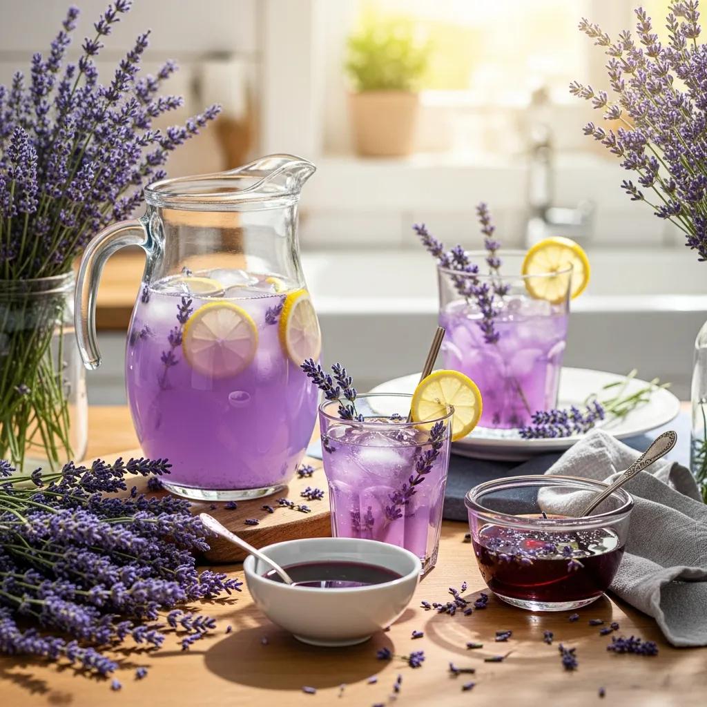 Colorful summer lavender recipes including lavender lemonade and iced tea with fresh lavender sprigs