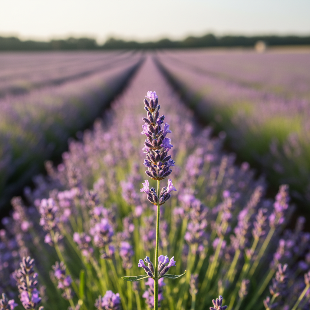 beautiful rows of lavender with a focus on one lavender stem