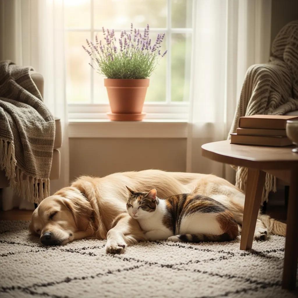 Dog and cat sleeping together next to window with lavender plant