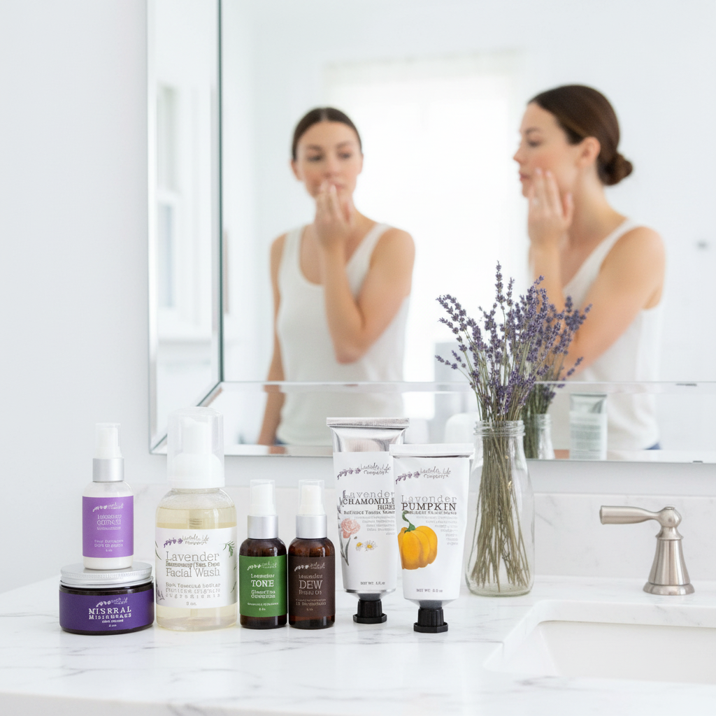 Woman standing in front of her mirror with lavender life dermalife products lined up near her sink