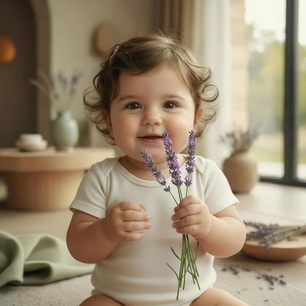 baby holding 3 stems of lavender 