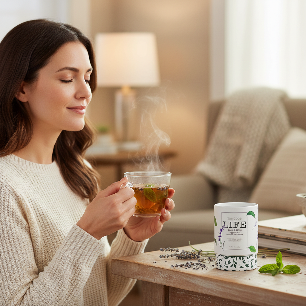 Lady sipping on Peppermint/Lavender Good LIFE Tea