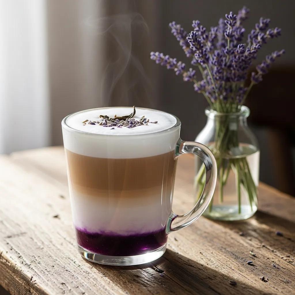 Lavender London Fog latte in a clear glass cup with dried lavender flowers, showcasing a calming beverage experience