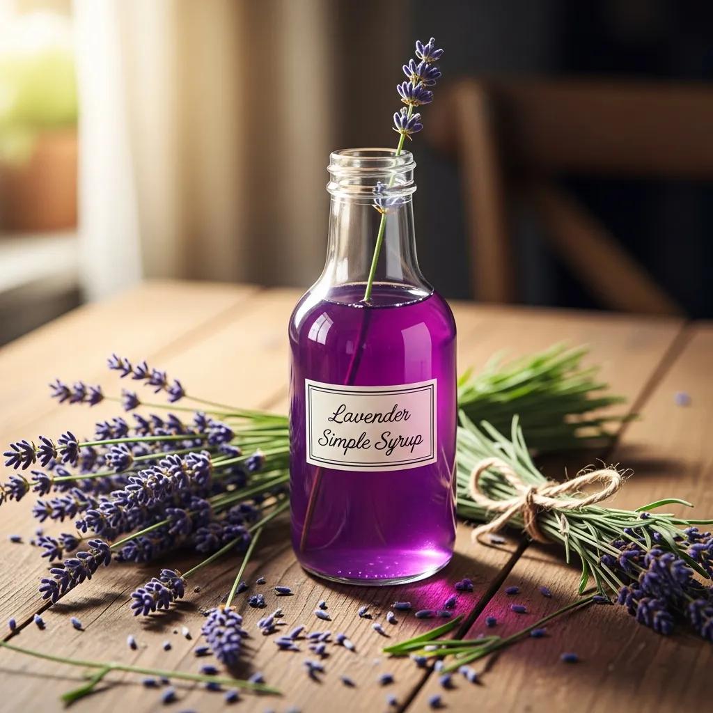 Lavender simple syrup in a glass bottle with fresh lavender flowers on a rustic wooden table