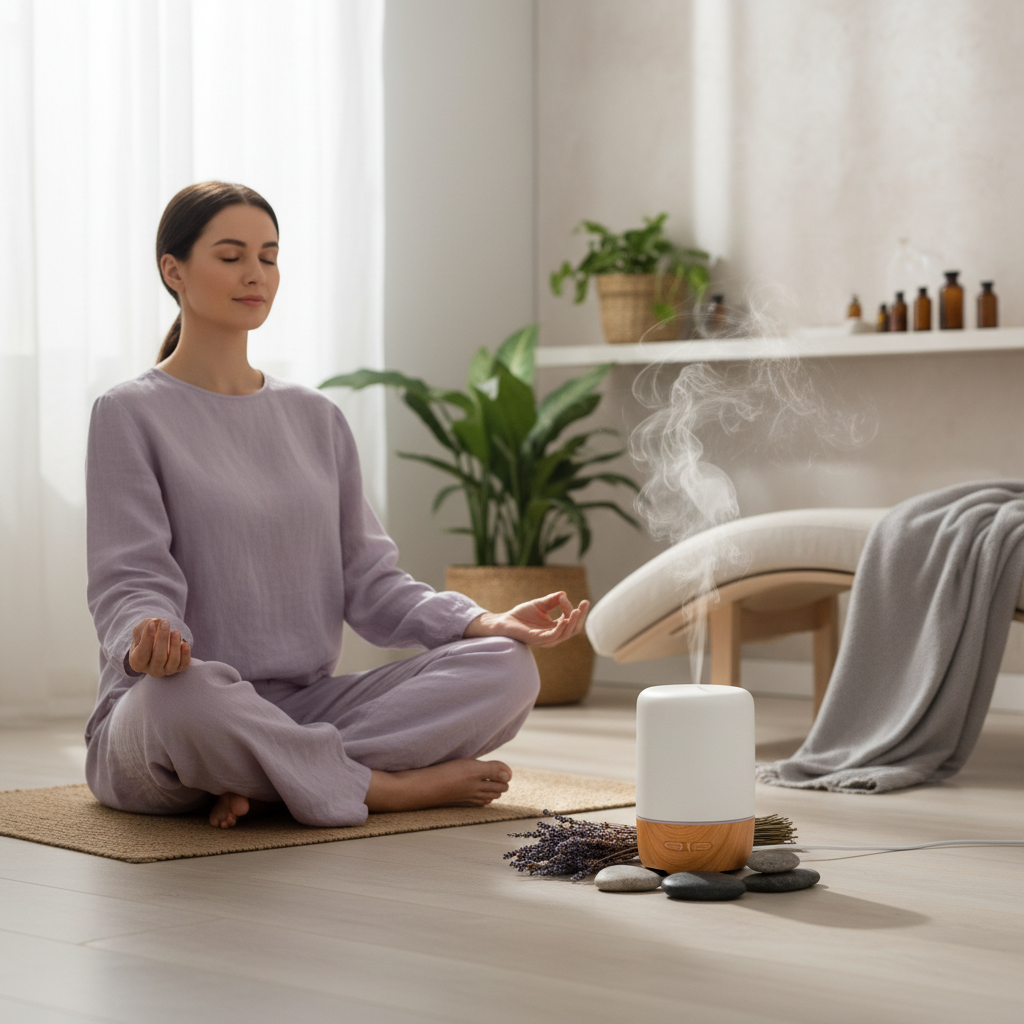 woman sitting in her living space wearing comfortable clothing meditating on a mat with lavender life essential oil of lavender diffusing