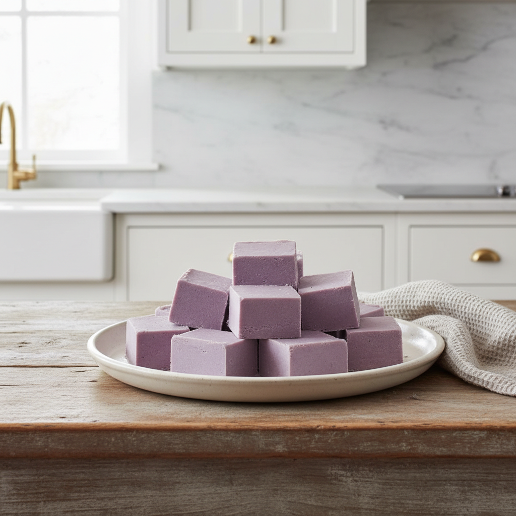 Plate full of lavender fudge cut into squares sitting on a wooden table in a kitchen
