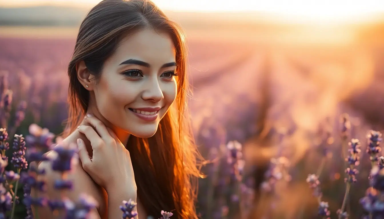 Woman sitting in field of lavender at sunset