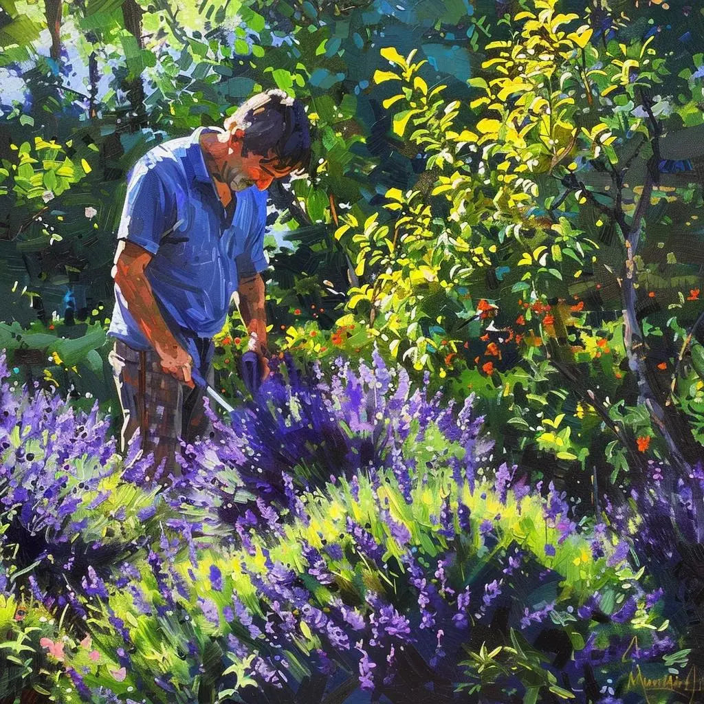 man in a painting pruning his lavender bushes