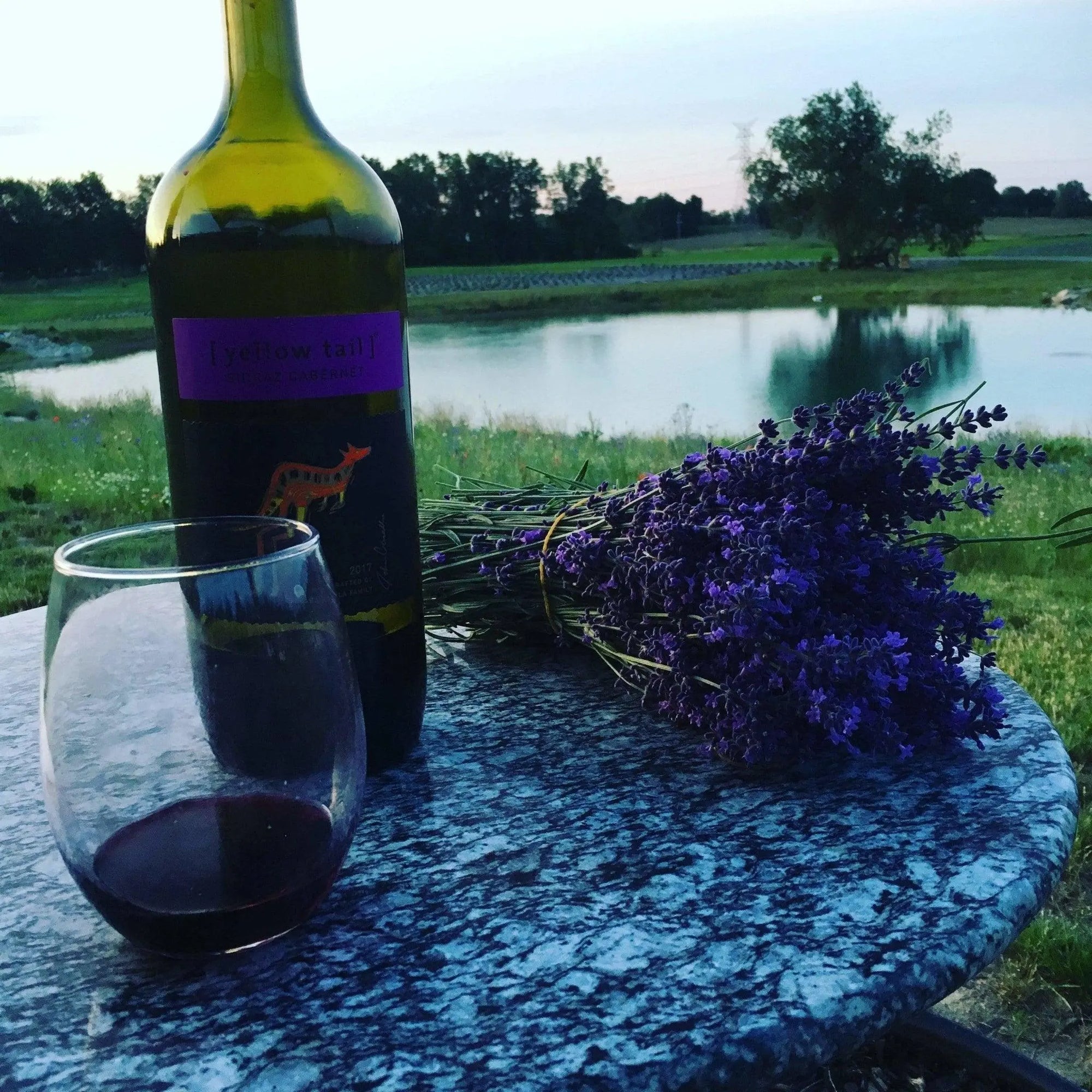 Bottle of wine over looking lavender life farm