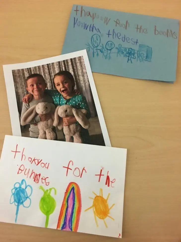 Letters from children in foster care thanking lavender life farm for their xander bunnies