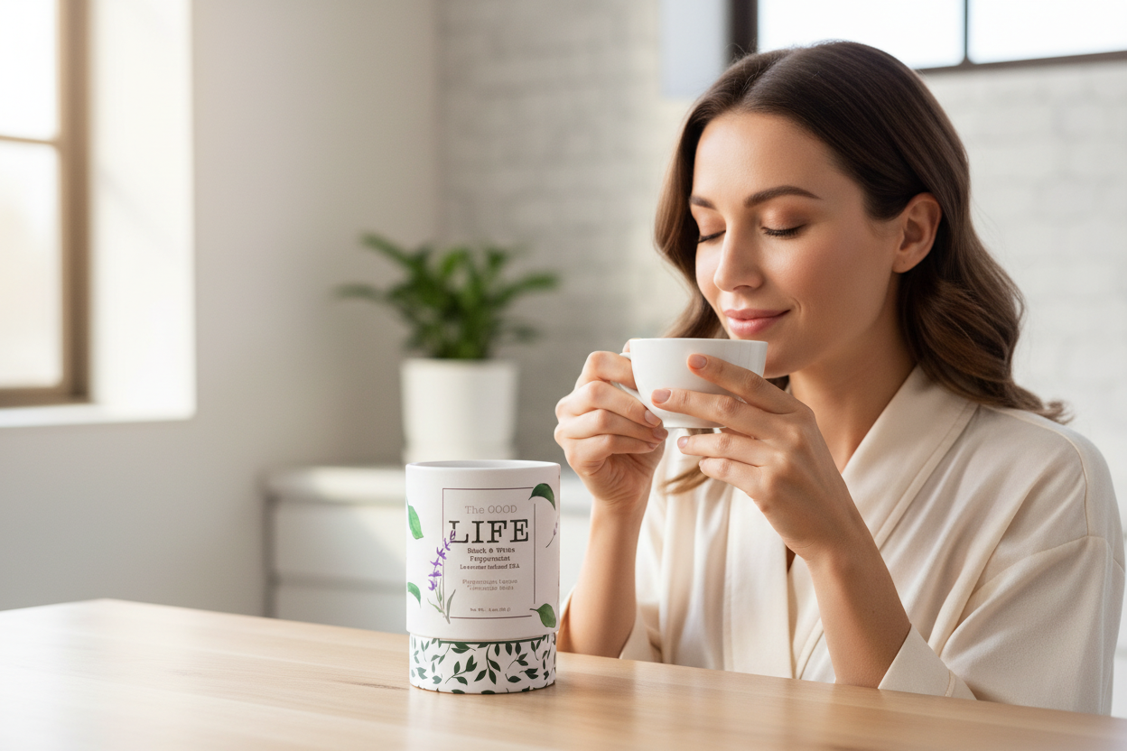lady sipping THE GOOD LIFE Lavender and Peppermint Tea