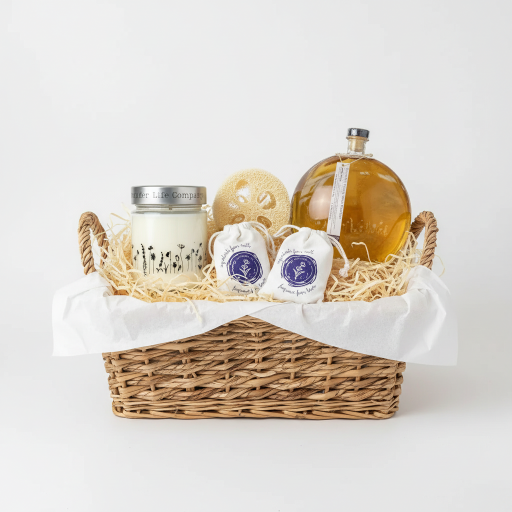 Gift Basket on a white backgound containaing lavender bubble bath, lavender candel and lavender sachets. 